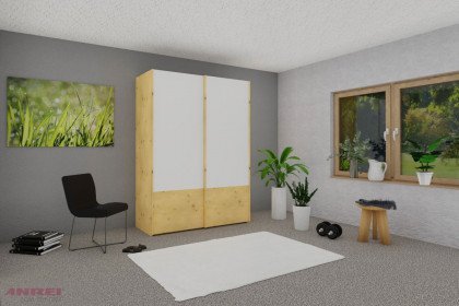 Schiebetürenschrank von ANREI - Kleiderschrank schmal Zirbe - Glas reinweiß